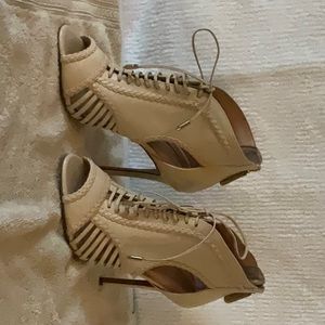 Pink sand leather bootie, lace up front, 4 inch heel